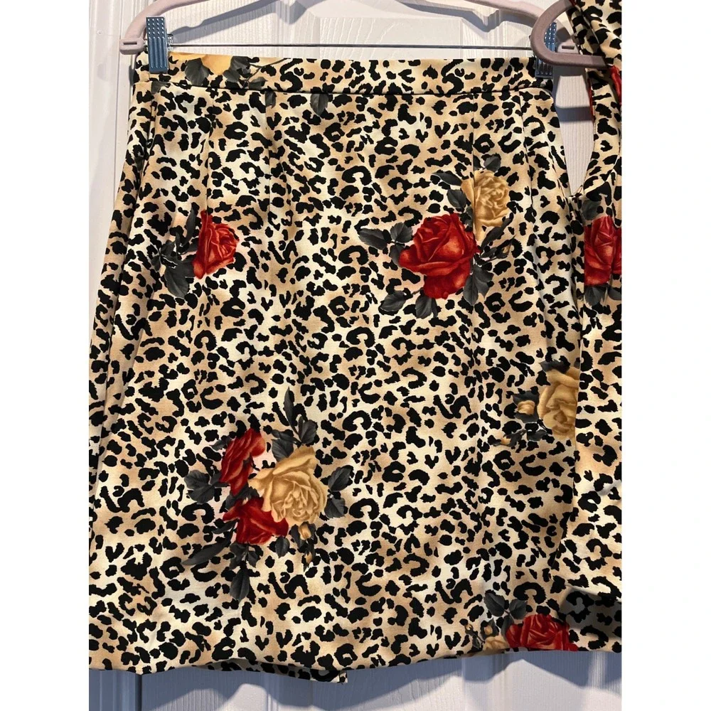 John Roberts Leopard Rose Print Skirt Set 2 Piece Sleeveless Peplum Top Size 10